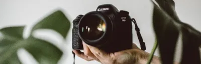 Camera in hand with two large green plant leaves in the background.